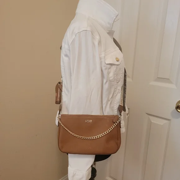 DKNY Brown Vegan Leather  Crossbody with Coin Purse with DKNY Guitar Strap - Picture 3 of 13